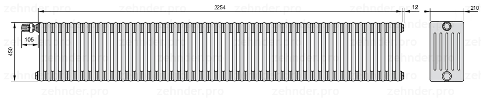 Схема (чертеж) Радиатор Zehnder Charleston 6045/49 №V012 Белый глянцевый RAL 9016